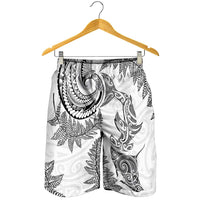 New Zealand Sea Animals with Maori Tribal Tattoo Shorts for Men Shark Manta Ray with Silver Fern White