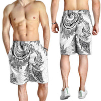 New Zealand Sea Animals with Maori Tribal Tattoo Shorts for Men Shark Manta Ray with Silver Fern White