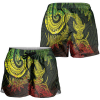 New Zealand Sea Animals with Maori Tribal Tattoo Shorts for Women Shark Manta Ray with Silver Fern Reggae