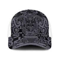 New Zealand Taiaha Maori Baseball Net Cap Minimalist Silver Fern All Black LT9 One Size White Black - Polynesian Pride
