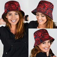 New Zealand Taiaha Maori Bucket Hat Whero Minimalist Silver Fern Tukutuku Motif