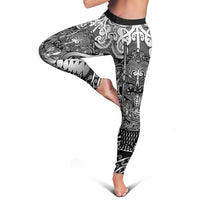 New Zealand Taiaha Maori Leggings Kiwikiwi Minimalist Silver Fern Tukutuku Motif