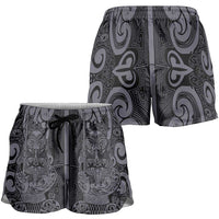 New Zealand Taiaha Maori Shorts for Women Minimalist Silver Fern All Black