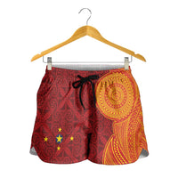Niue Polynesian Hiapo Tattoo Art Shorts for Women Half Style Red Yellow Color - Polynesian Pride