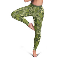 Olive Green Monstera Leggings Polynesian Tribal Pattern - Polynesian Pride