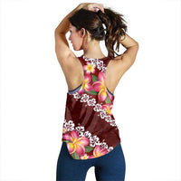 Oxblood Polynesia Women Racerback Tank Plumeria With Hibiscus Pattern Tropical Vibes - Polynesian Pride