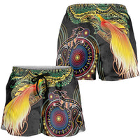 Papua New Guinea and Australia Together Shorts for Women Bird of Paradise and Kangaroo Melanesian Aboriginal Motifs - Polynesian Pride