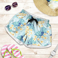 Pastel Cyan Tropical Hawaii Shorts for Women Seamless Monstera Plumeria Hawaiian Pattern - Polynesian Pride