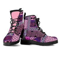 Pink Aotearoa Kowhaiwhai Pattern Leather Boots NZ Maori Quilt Style - Polynesian Pride