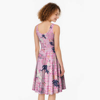 Pink Palaka Crane and Flowers Midi Dress Japan Heritage Spirit - Polynesian Pride