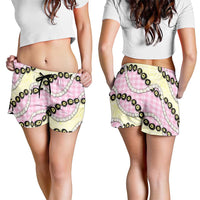 Pink Palaka Hawaii Shorts for Women Kukui Nut Pikake Lei Hawaiian Tapa Pattern LT14 - Polynesian Pride