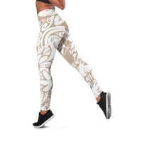 Polynesia Leggings Polynesian Tropical Flowers Beige Pastel Vibes - Polynesian Pride