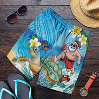 Polynesian Merry Christmas Shorts for Men Funny Santa with Sea Turtle on Beach and Plumeria LT03 Multicolor - Polynesian Pride