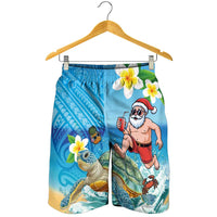 Polynesian Merry Christmas Shorts for Men Funny Santa with Sea Turtle on Beach and Plumeria LT03 - Polynesian Pride
