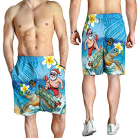 Polynesian Merry Christmas Shorts for Men Funny Santa with Sea Turtle on Beach and Plumeria LT03 - Polynesian Pride