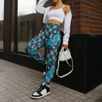 Polynesian Monstera Tiare Floral Jogger Pants Dark Teal Tropical Plaid - Polynesian Pride