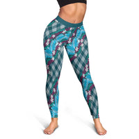 Polynesian Monstera Tiare Floral Leggings Dark Teal Tropical Plaid - Polynesian Pride
