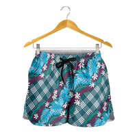 Polynesian Monstera Tiare Floral Shorts for Women Dark Teal Tropical Plaid LT01 - Polynesian Pride