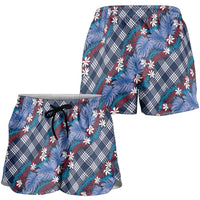 Polynesian Monstera Tiare Floral Shorts for Women Royal Blue Tropical Plaid LT01 - Polynesian Pride