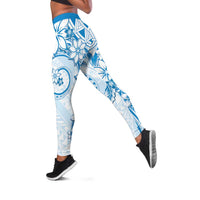 Polynesian Pattern With Plumeria Flowers Leggings Blue - Polynesian Pride