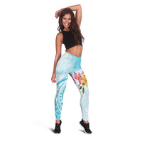 Polynesian Women's Day Wahine Leggings Plumeria Marble Glaze - Turquoise LT7 - Polynesian Pride