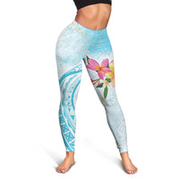 Polynesian Women's Day Wahine Leggings Plumeria Marble Glaze - Turquoise LT7 - Polynesian Pride