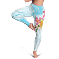 Polynesian Women's Day Wahine Leggings Plumeria Marble Glaze - Turquoise LT7 - Polynesian Pride