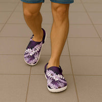 Puakenikeni Maile Lei Clogs Shoes Frangipani Purple Tropical Leaves LT01 - Polynesian Pride