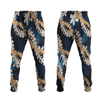 Puakenikeni Maile Lei Jogger Pants Frangipani Blue Tropical Leaves LT01 Blue - Polynesian Pride