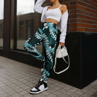 Puakenikeni Maile Lei Jogger Pants Frangipani Turquoise Tropical Leaves LT01 - Polynesian Pride