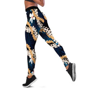 Puakenikeni Maile Lei Leggings Frangipani Blue Tropical Leaves LT01 Blue - Polynesian Pride