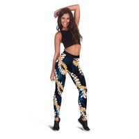 Puakenikeni Maile Lei Leggings Frangipani Blue Tropical Leaves LT01 - Polynesian Pride
