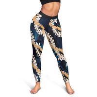 Puakenikeni Maile Lei Leggings Frangipani Blue Tropical Leaves LT01 - Polynesian Pride