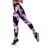 Puakenikeni Maile Lei Leggings Frangipani Purple Tropical Leaves