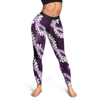 Puakenikeni Maile Lei Leggings Frangipani Purple Tropical Leaves