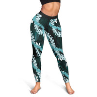 Puakenikeni Maile Lei Leggings Frangipani Turquoise Tropical Leaves LT01 - Polynesian Pride