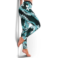 Puakenikeni Maile Lei Leggings Frangipani Turquoise Tropical Leaves LT01 - Polynesian Pride