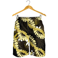 Puakenikeni Maile Lei Shorts for Men Frangipani Yellow Tropical Leaves LT01 - Polynesian Pride