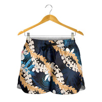 Puakenikeni Maile Lei Shorts for Women Frangipani Blue Tropical Leaves LT01 - Polynesian Pride