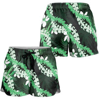 Puakenikeni Maile Lei Shorts for Women Frangipani Green Tropical Leaves