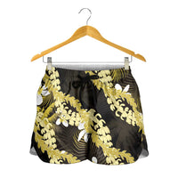 Puakenikeni Maile Lei Shorts for Women Frangipani Yellow Tropical Leaves LT01 - Polynesian Pride