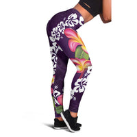 Purple Polynesia Leggings Plumeria With Hibiscus Pattern Tropical Vibes - Polynesian Pride