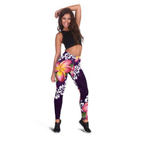 Purple Polynesia Leggings Plumeria With Hibiscus Pattern Tropical Vibes - Polynesian Pride