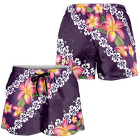Purple Polynesia Shorts for Women Plumeria With Hibiscus Pattern Tropical Vibes LT14 - Polynesian Pride