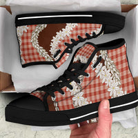 Red Hawaii Tiare and Shell Lei High Top Shoes Hawaiian Palaka Luxury Vibes - Polynesian Pride