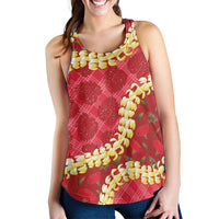 Red Palaka Hawaii Mele Kalikimaka Women Racerback Tank Ohia Lehua Monstera Puakenikeni Lei - Polynesian Pride