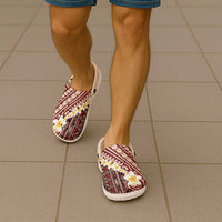 Red Vintage Tonga Ngatu Pattern With Plumeria Clogs Shoes - Polynesian Pride