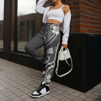 Samoa Siapo Tribal Pattern Jogger Pants Light Gray Polynesian Plumeria Tapa Motif LT9 - Polynesian Pride