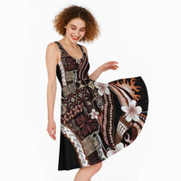 Samoa Siapo Tribal Pattern Midi Dress Brown Polynesian Plumeria Tapa Motif