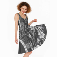 Samoa Siapo Tribal Pattern Midi Dress Light Gray Polynesian Plumeria Tapa Motif